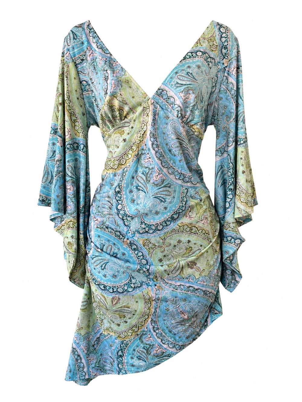 Vintage Y2K Deep V Blue Green Asymmetrical Paisley Kimono Sleeve Mini Dress L